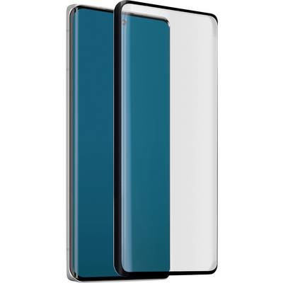 A smartphone with a blue screen and rounded edges is encased in a clear protective cover with a black frame.