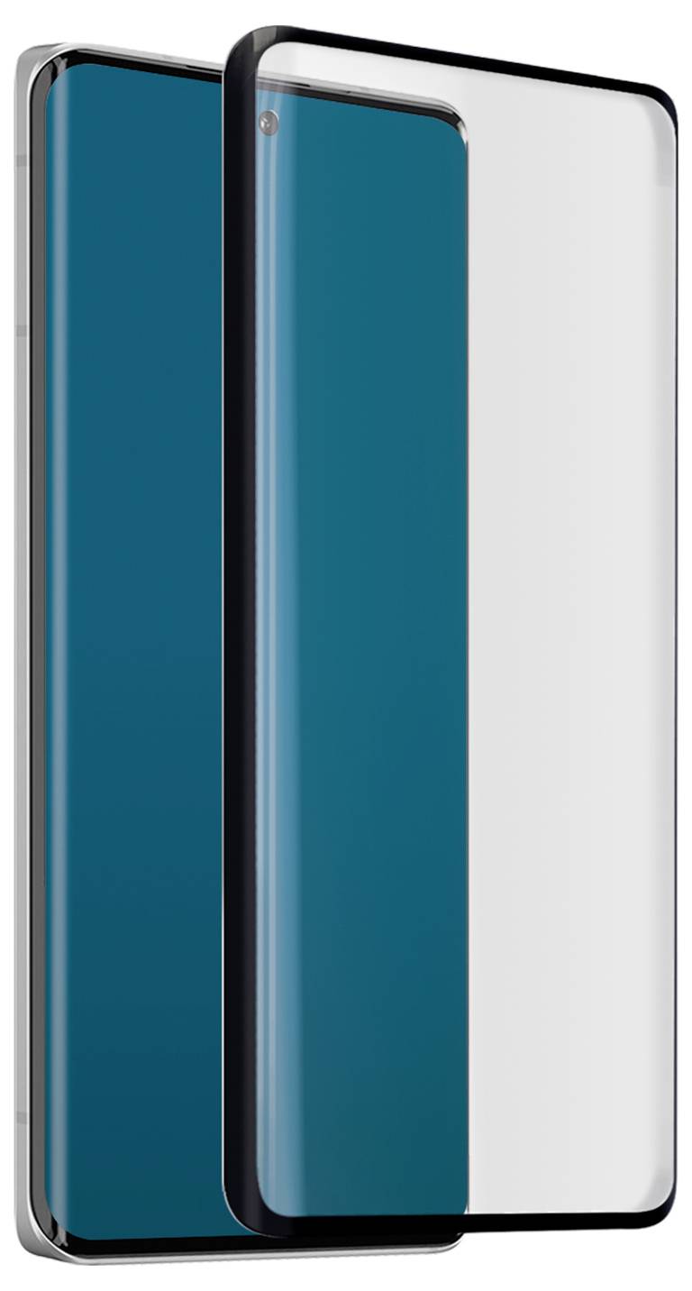 A close-up view of a smartphone screen protector being applied to a curved-edge smartphone, illustrating its seamless fit and transparent design.
