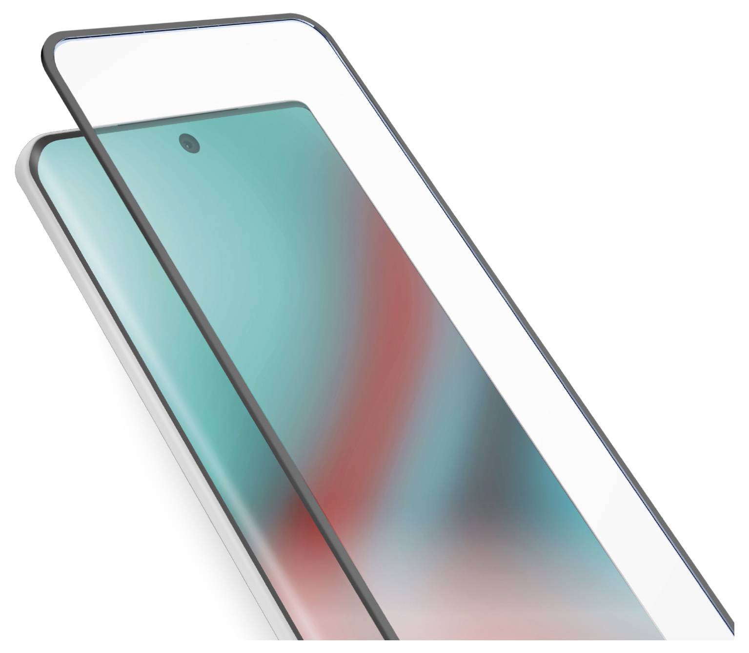 A smartphone with a colorful screen and a screen protector partially covering the display.