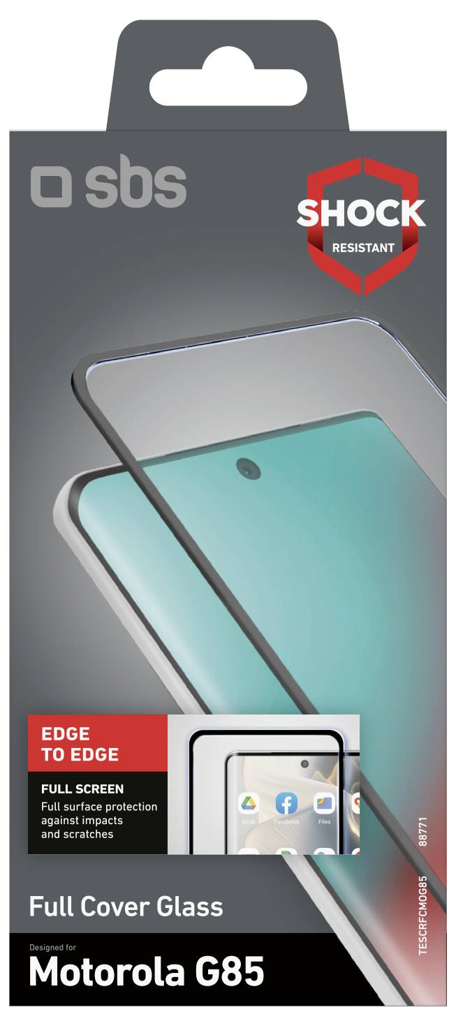 'Full Cover Glass for Motorola G85' packaging showing protective screen cover with features 'Edge to Edge' and 'Shock Resistant'.