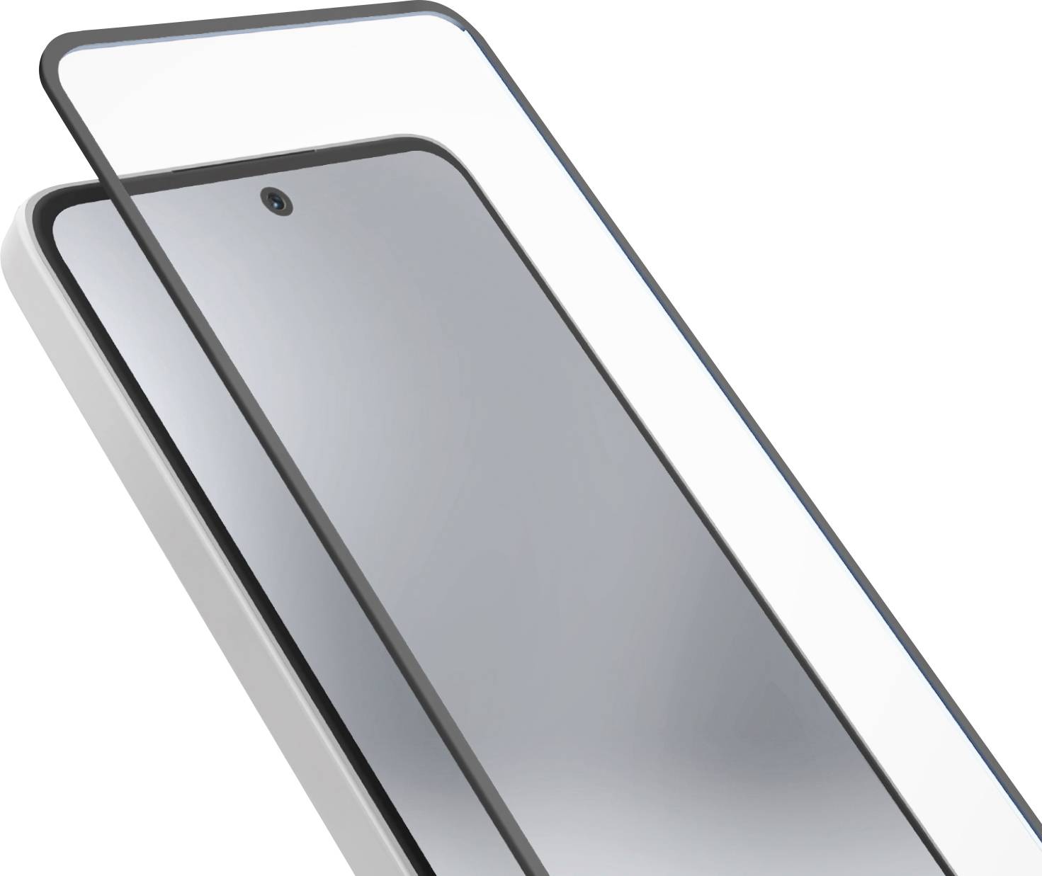 A close-up of a smartphone screen with a tempered glass screen protector partially applied, showcasing the clear and glossy surface.