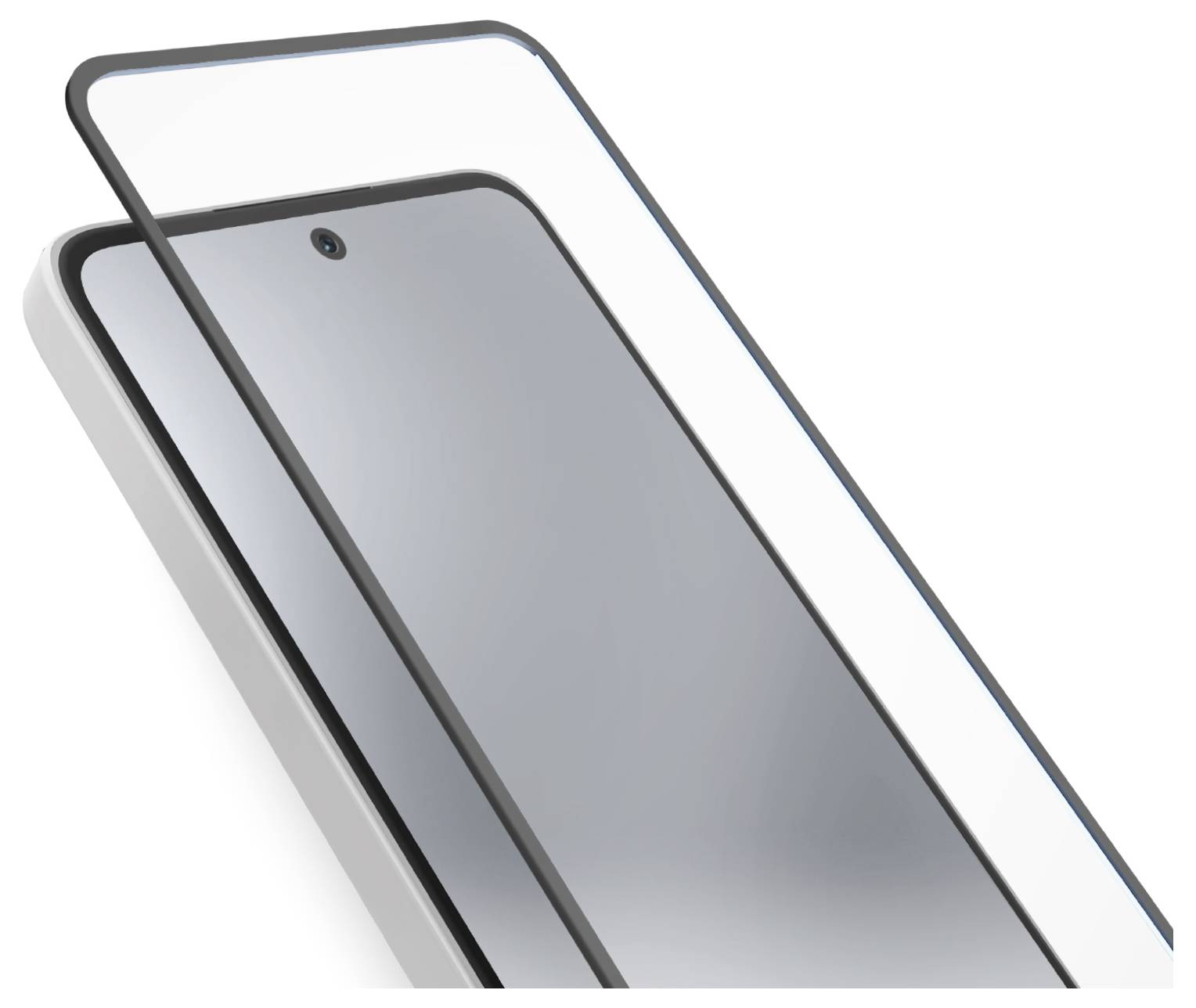 A smartphone screen with a tempered glass protector partially covering it, showing a cutout for the front camera.