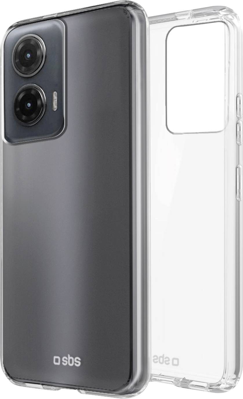 Clear smartphone case with dual camera cutouts, showing the back of a phone with cameras on the top left. Branding 'sbs' at the bottom.