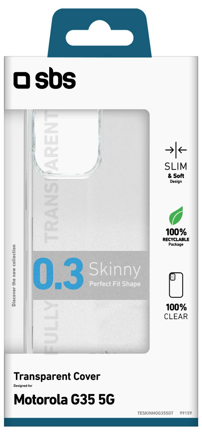 'Transparent Cover for Motorola G35 5G' packaging. Features: slim fit, soft touch, 100% recyclable materials, fully transparent case.