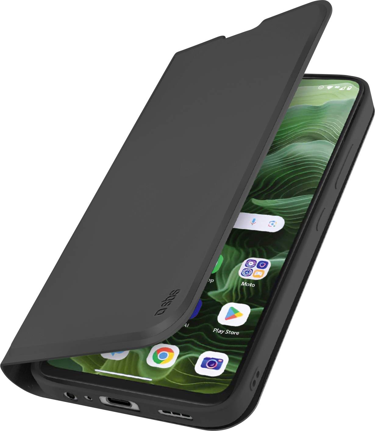 Smartphone with a black flip cover partially open, showing app icons on the screen. Background features a green abstract design.