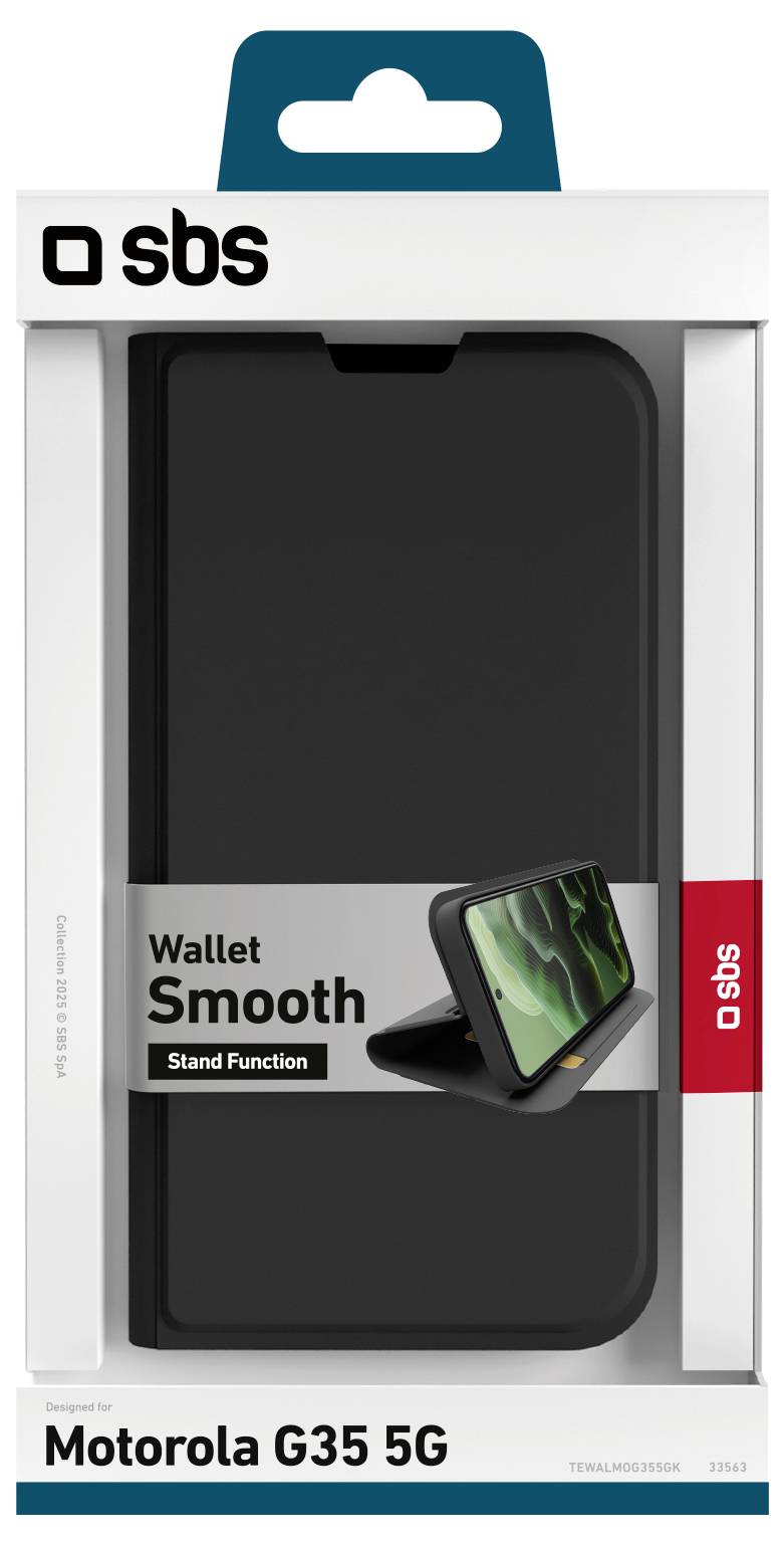 'Wallet Smooth Stand Function' phone case packaging with a stand-up feature, designed for Motorola G35 5G.