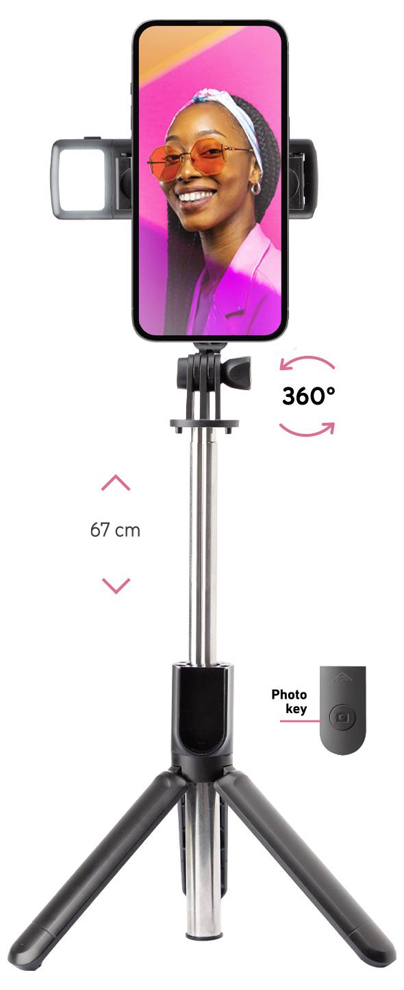 'Selfie stick with tripod and Bluetooth remote, 360° rotation, 67 cm height, holds smartphone with smiling person image on screen.'