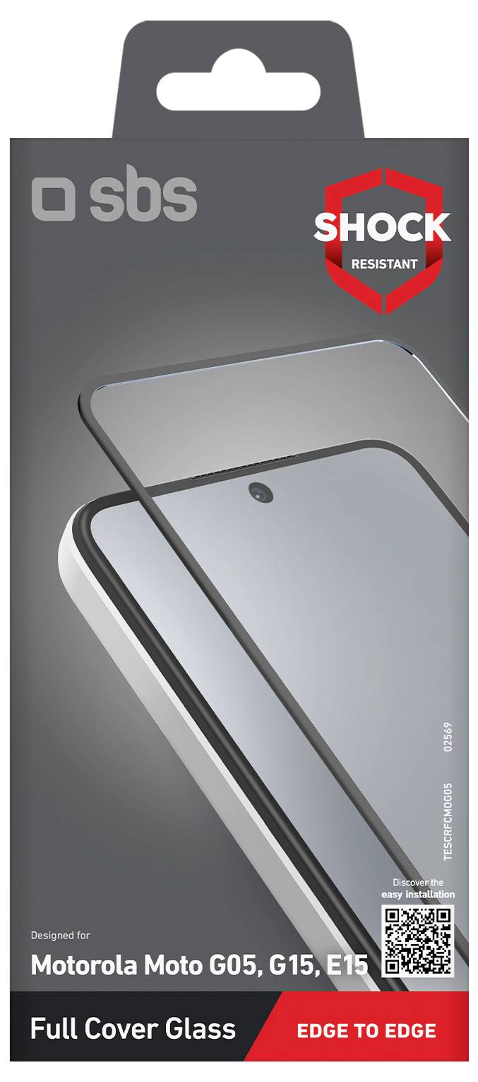 'Full Cover Glass' screen protector package for Motorola Moto G05, G15, E15. Features 'Shock Resistant' label and edge-to-edge design.