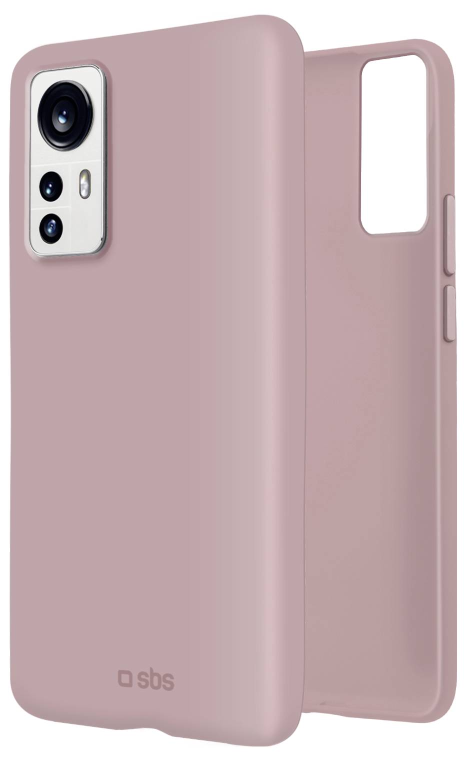 Pink phone case for a smartphone with three camera cutouts, displayed from back and slightly angled view.