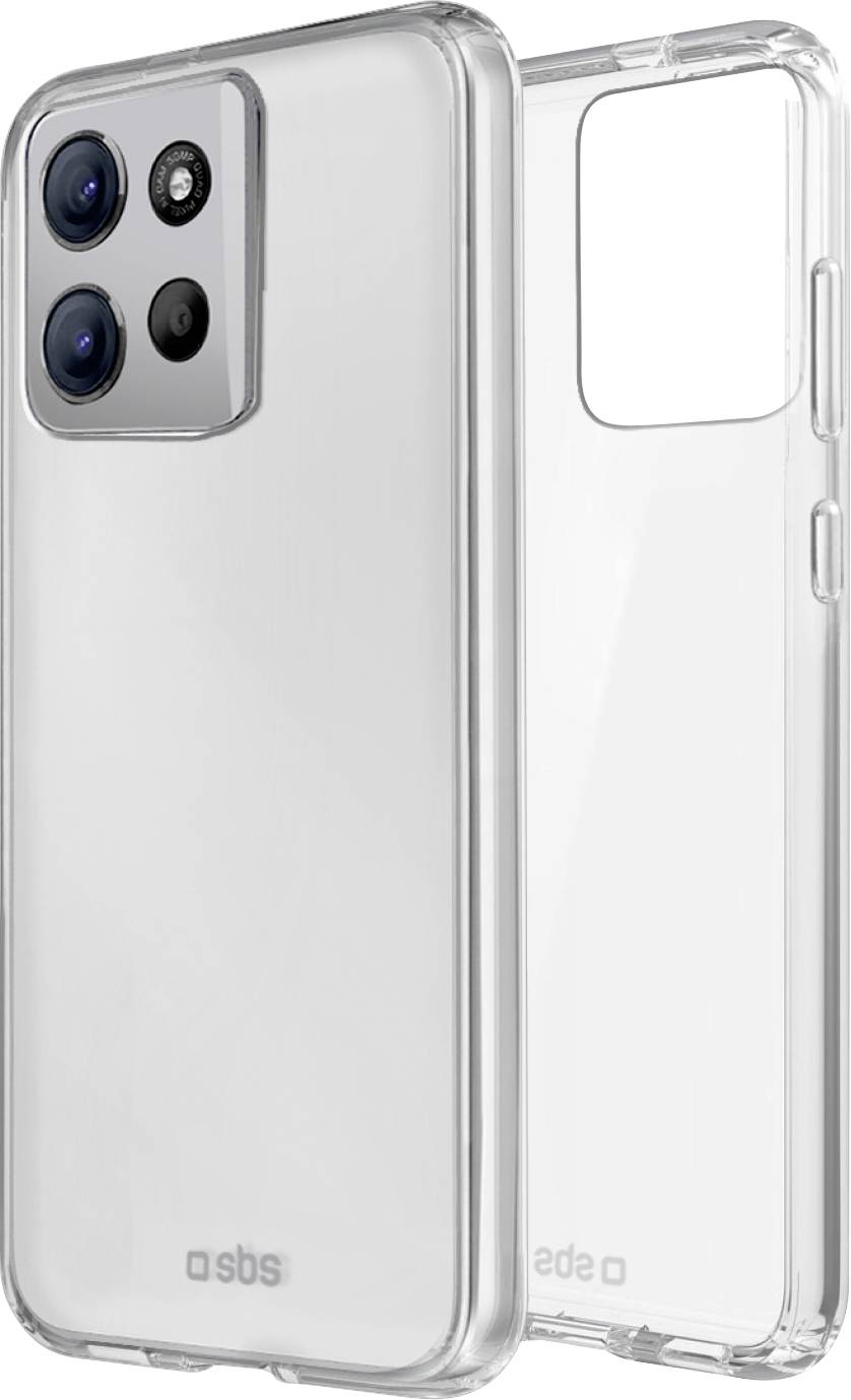 Two clear smartphone cases with precise camera and port cutouts. They are transparent and designed to protect phones without obscuring them.