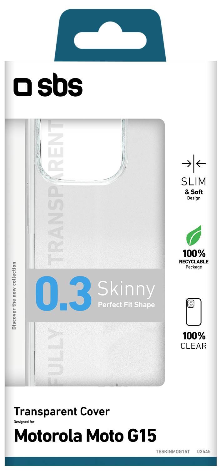 'Transparent Cover for Motorola Moto G15', 0.3mm, slim and soft design, 100% recyclable and clear.