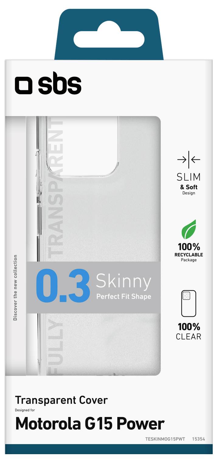 Transparent cover for Motorola G15 Power, 0.3 skinny. Slim, soft design, perfect fit shape, fully transparent, and 100% recyclable.