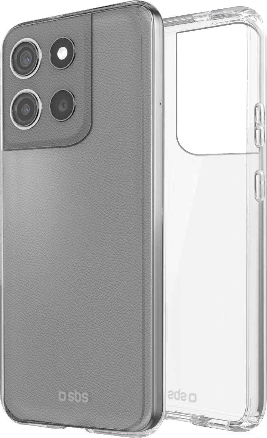 A clear smartphone case with a textured back is shown, featuring three camera cutouts. It's designed for protection while displaying the phone's design.