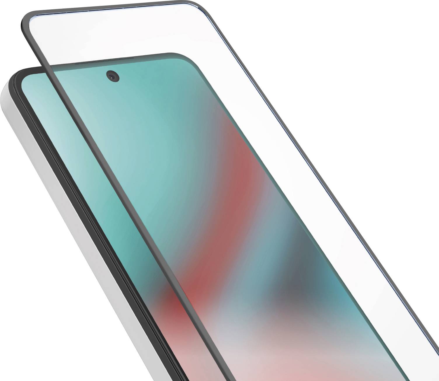 A smartphone with a colorful screen protector is shown. The phone's front camera is visible on the top of the device.