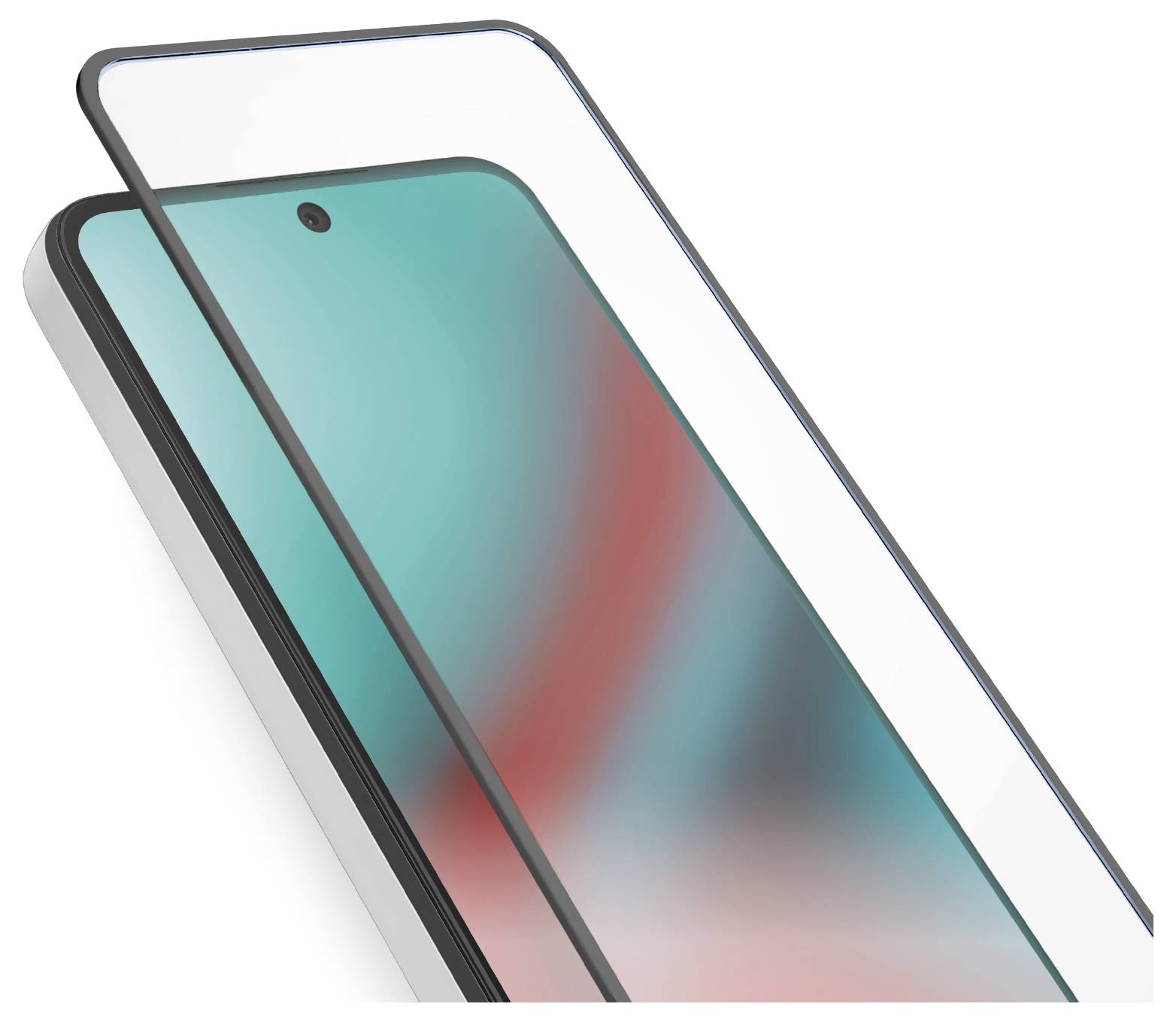 A smartphone with a colorful screen, covered partially by a transparent, protective glass screen protector shown at a slight angle.