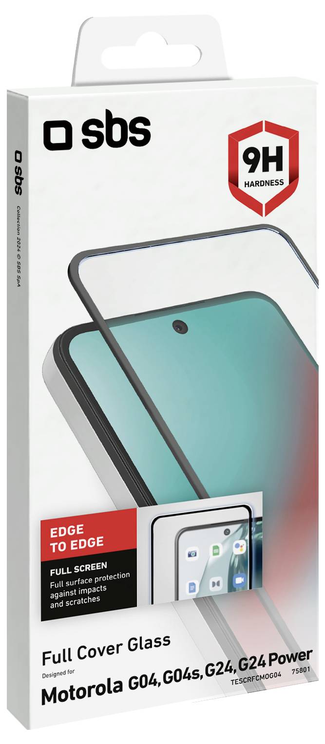 'Full Cover Glass for Motorola G04, G04s, G24, G24 Power.' Package shows protective glass with 'Edge to Edge' and '9H Hardness' features.