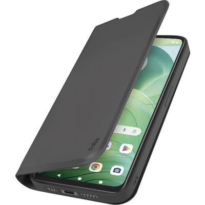 A smartphone with a partially closed black case, displaying a green-themed home screen with app icons visible at the bottom.