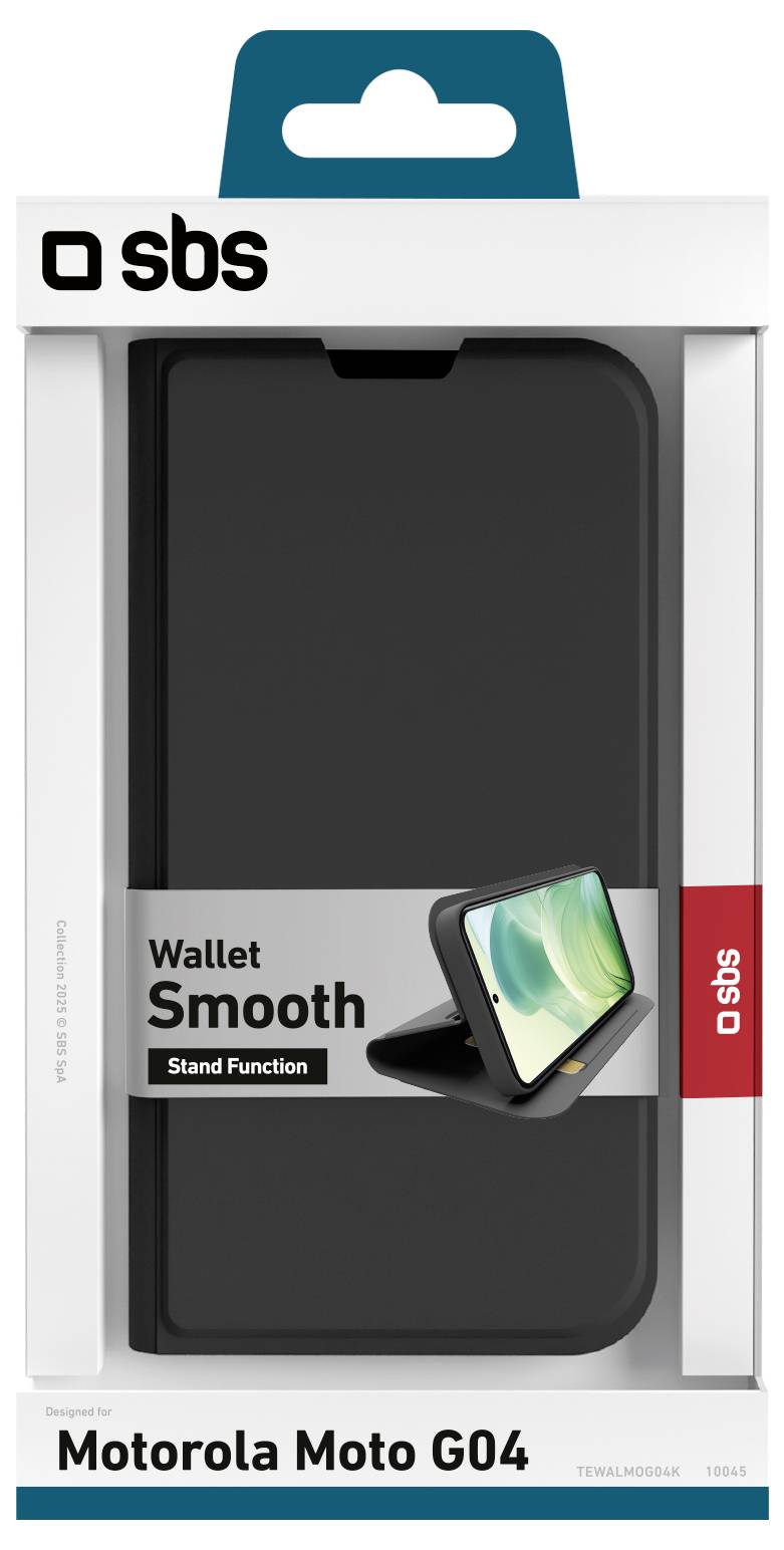 'Wallet Smooth Stand Function' phone case for Motorola Moto G04 in packaging with image showing it as a stand.
