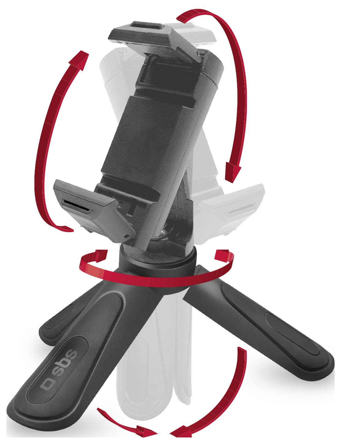 A black tripod with adjustable phone holder, showing rotation and tilt capabilities with red arrows, highlighting its versatile movement.