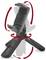 A black tripod with adjustable phone holder, showing rotation and tilt capabilities with red arrows, highlighting its versatile movement.