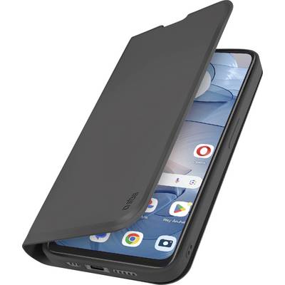 A smartphone in a black flip case with the screen displaying several app icons, including messaging and camera, partially visible.