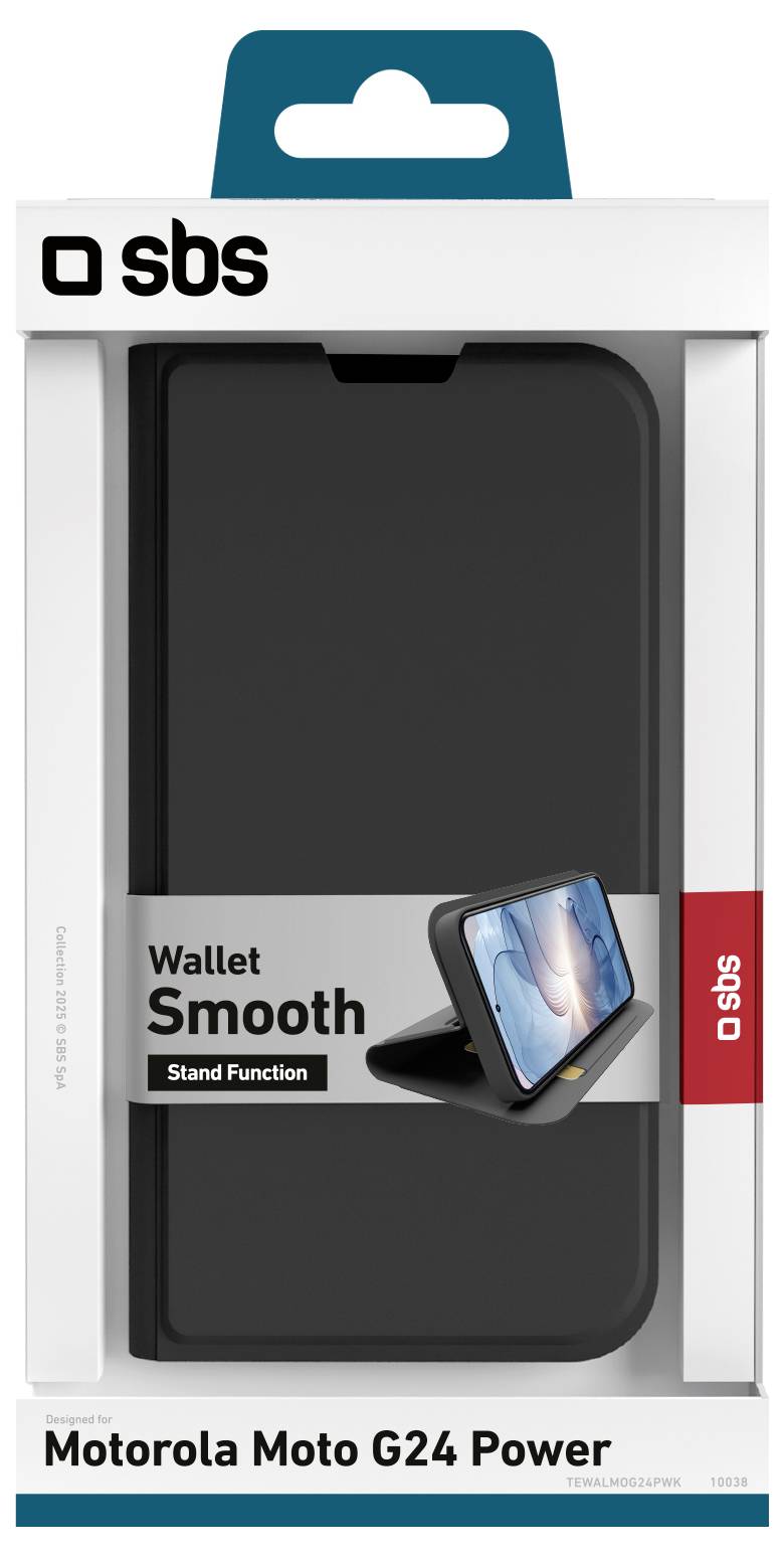 'Wallet Smooth' phone case packaging for Motorola Moto G24 Power, featuring stand function and black design on front display.