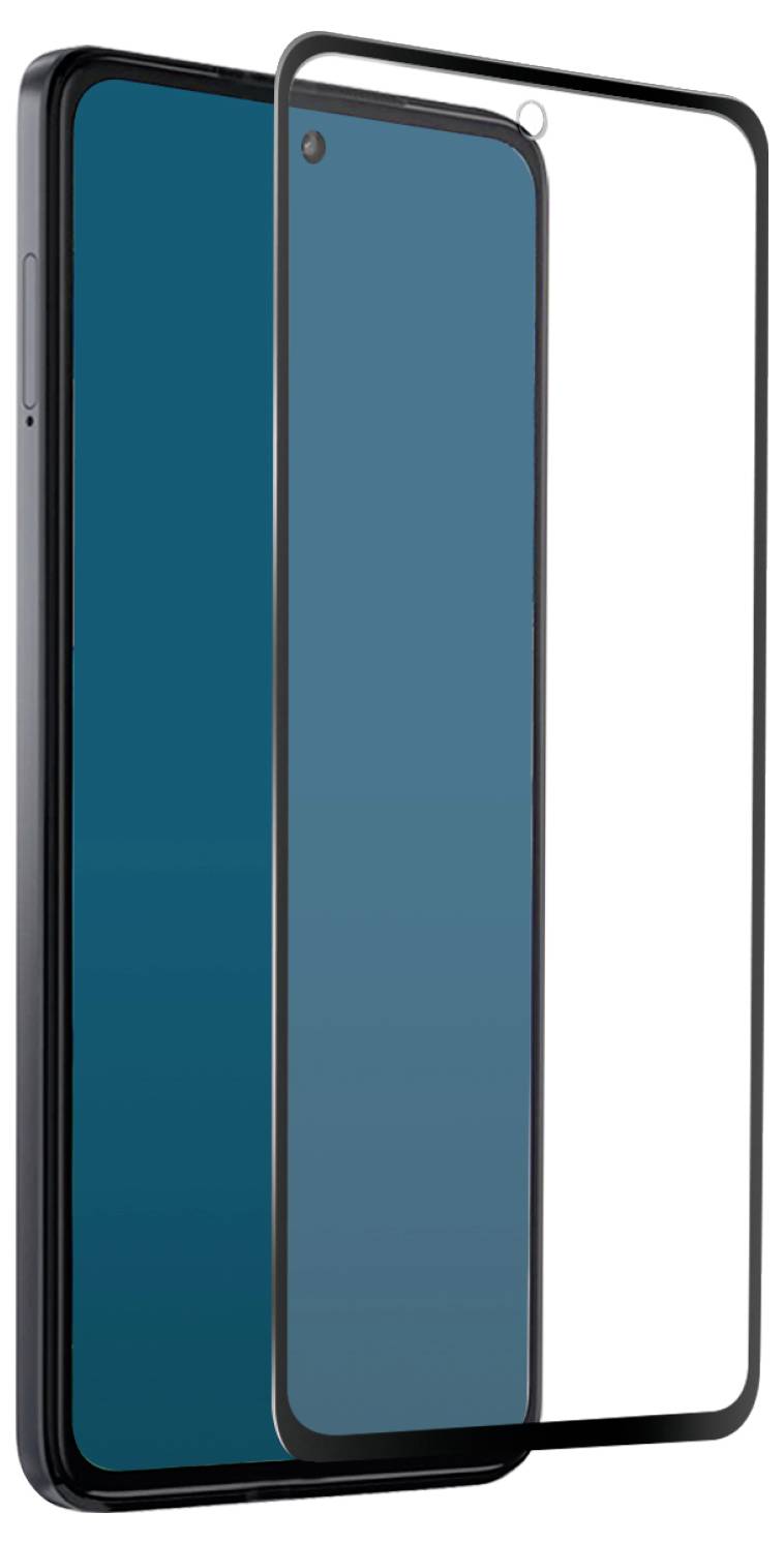 A smartphone with a blue screen is shown beside a clear protective screen, emphasizing protection and style.