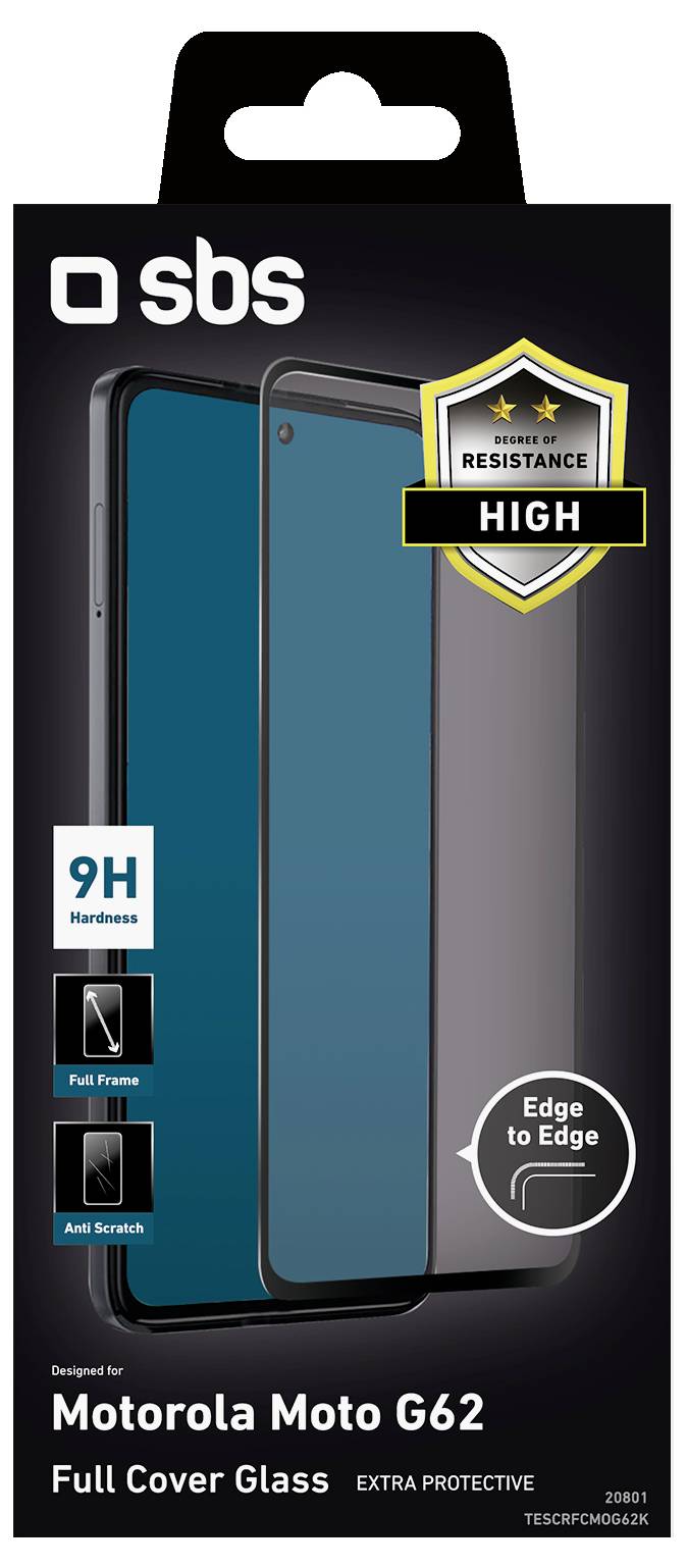 'SBS Full Cover Glass for Motorola Moto G62' packaging shows a phone screen protector, highlighting '9H hardness' and 'high resistance.'