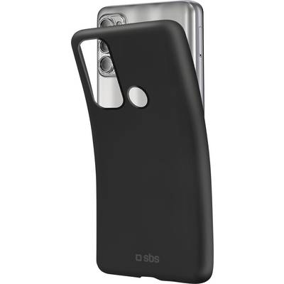 Black phone case with camera cutout beside a silver smartphone, showing the phone's three-lens camera.