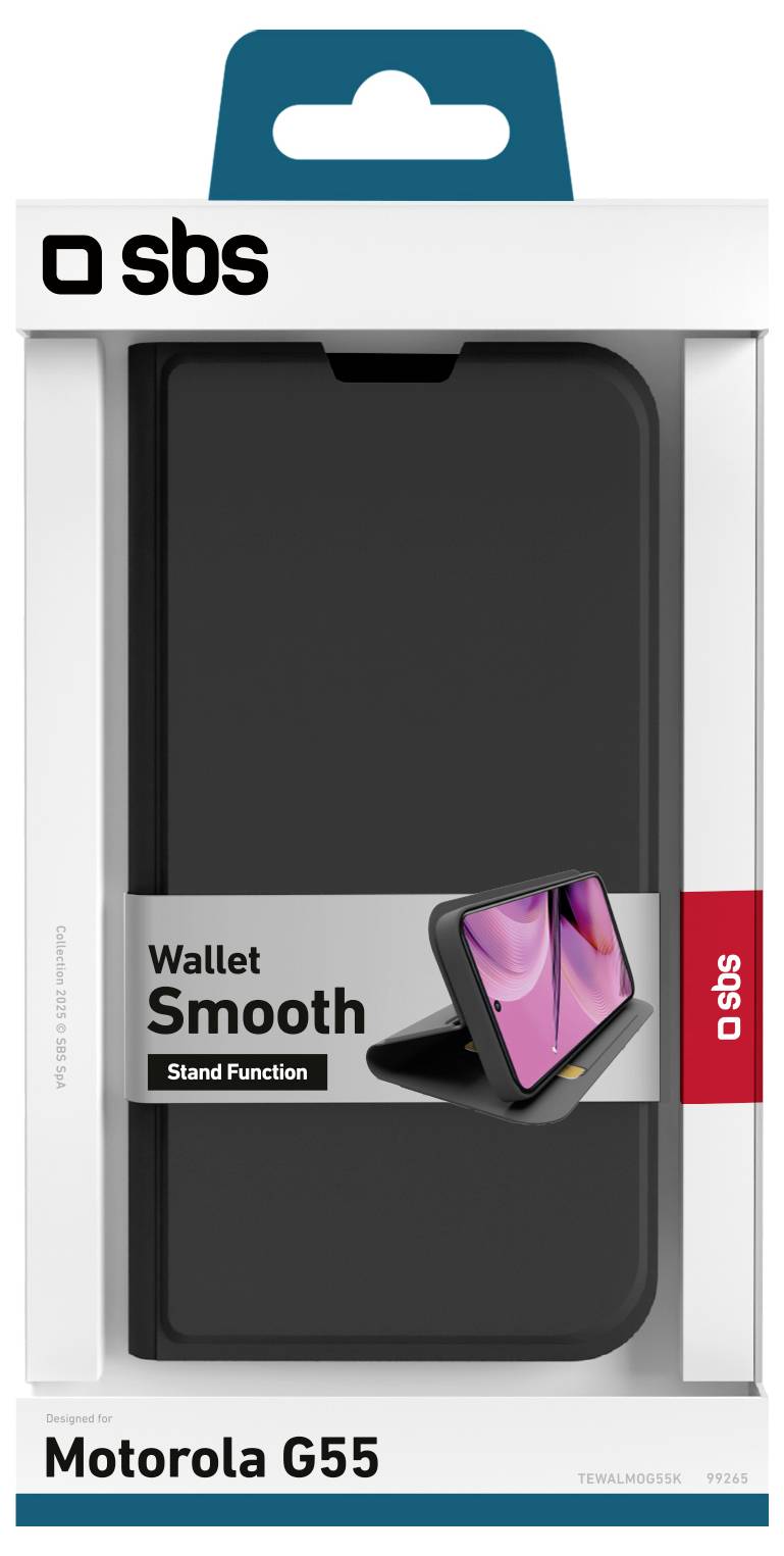 'Black wallet case with stand function for Motorola G55, packaged in SBS branded box.'
