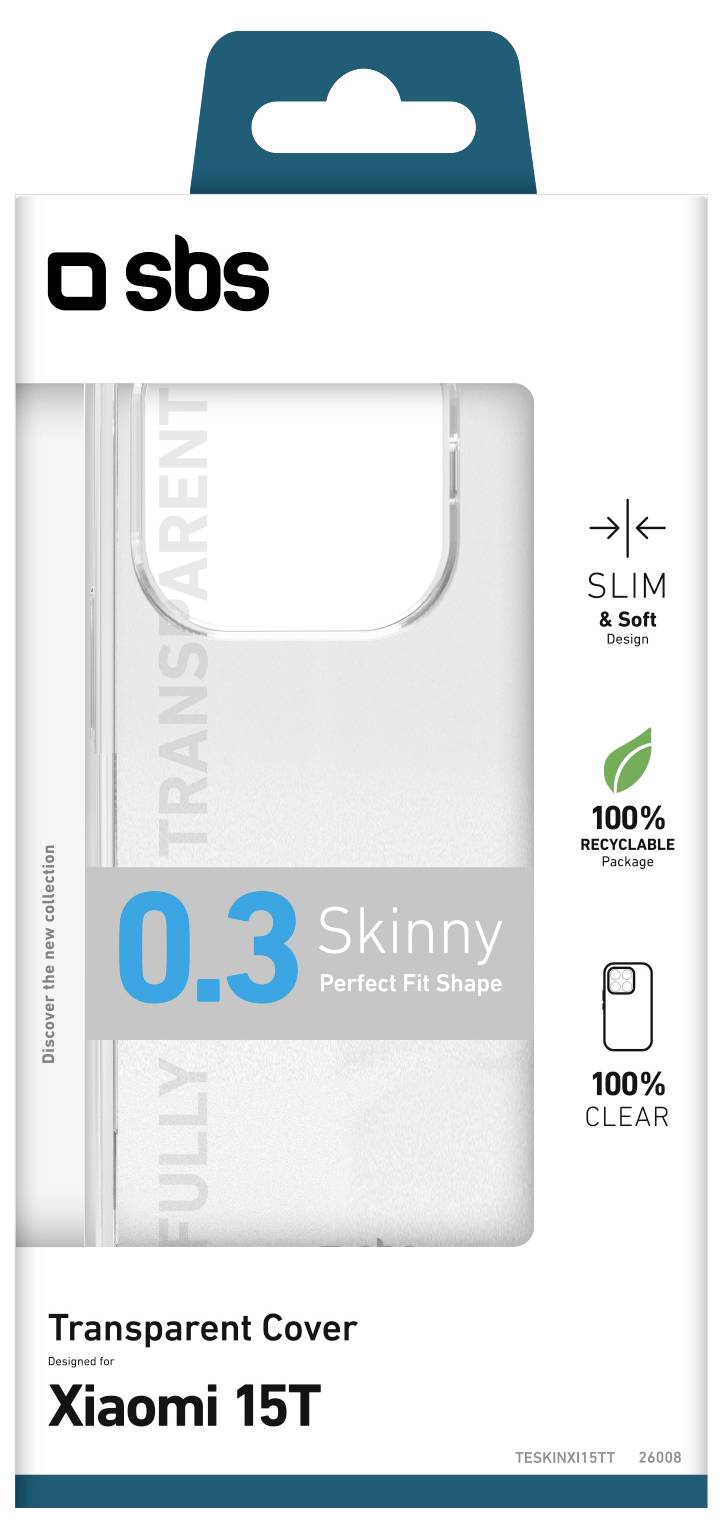 'Transparent cover for Xiaomi 15T with slim and soft design, perfect fit shape, 100% recyclable and clear, by SBS.'