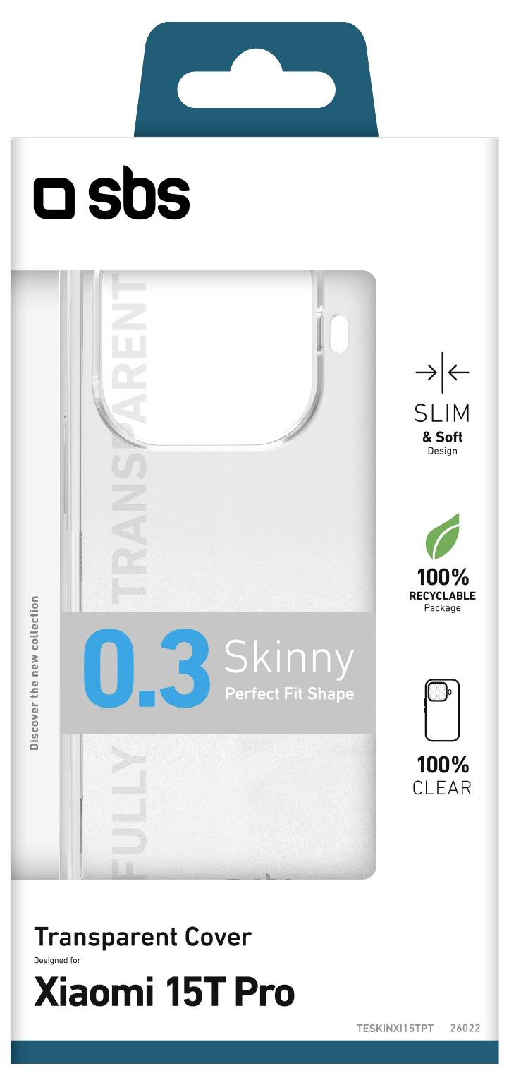 Transparent cover package for Xiaomi 15T Pro by SBS. Features include slim, soft design, 0.3 thickness, fully transparent, and eco-friendly.