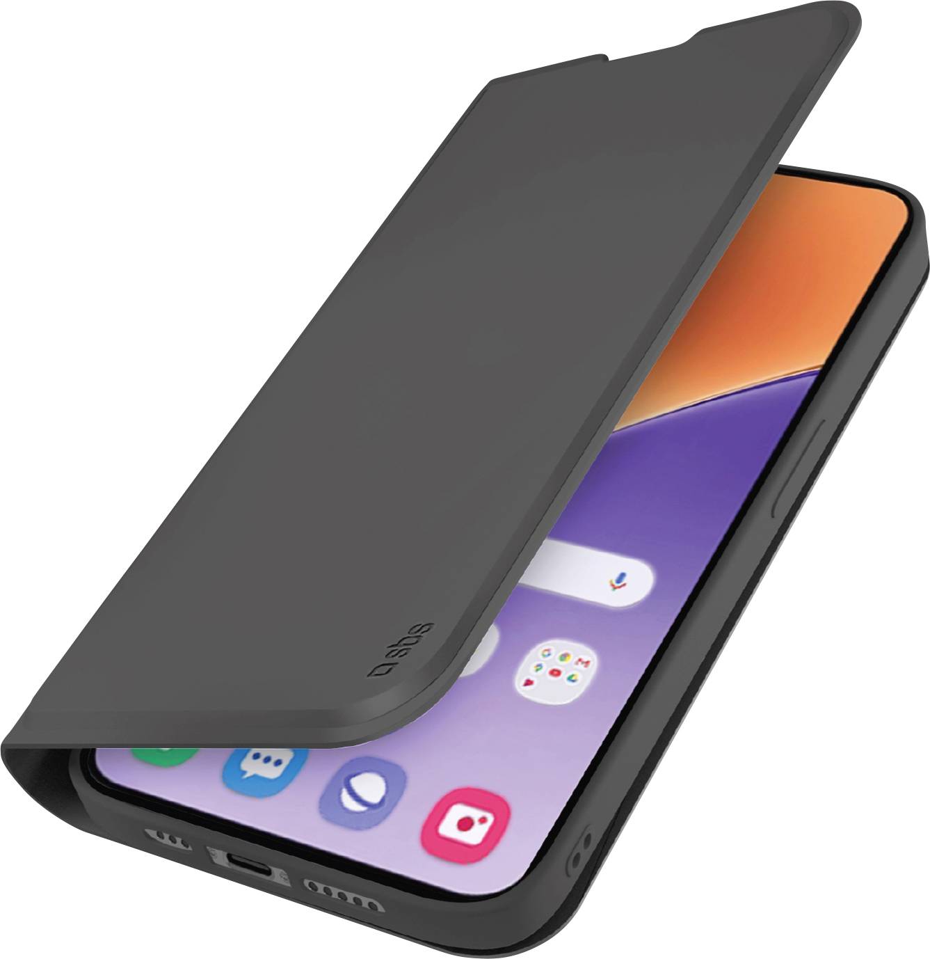 A smartphone with an orange and purple gradient display partially covered by a black flip case, showing several app icons.