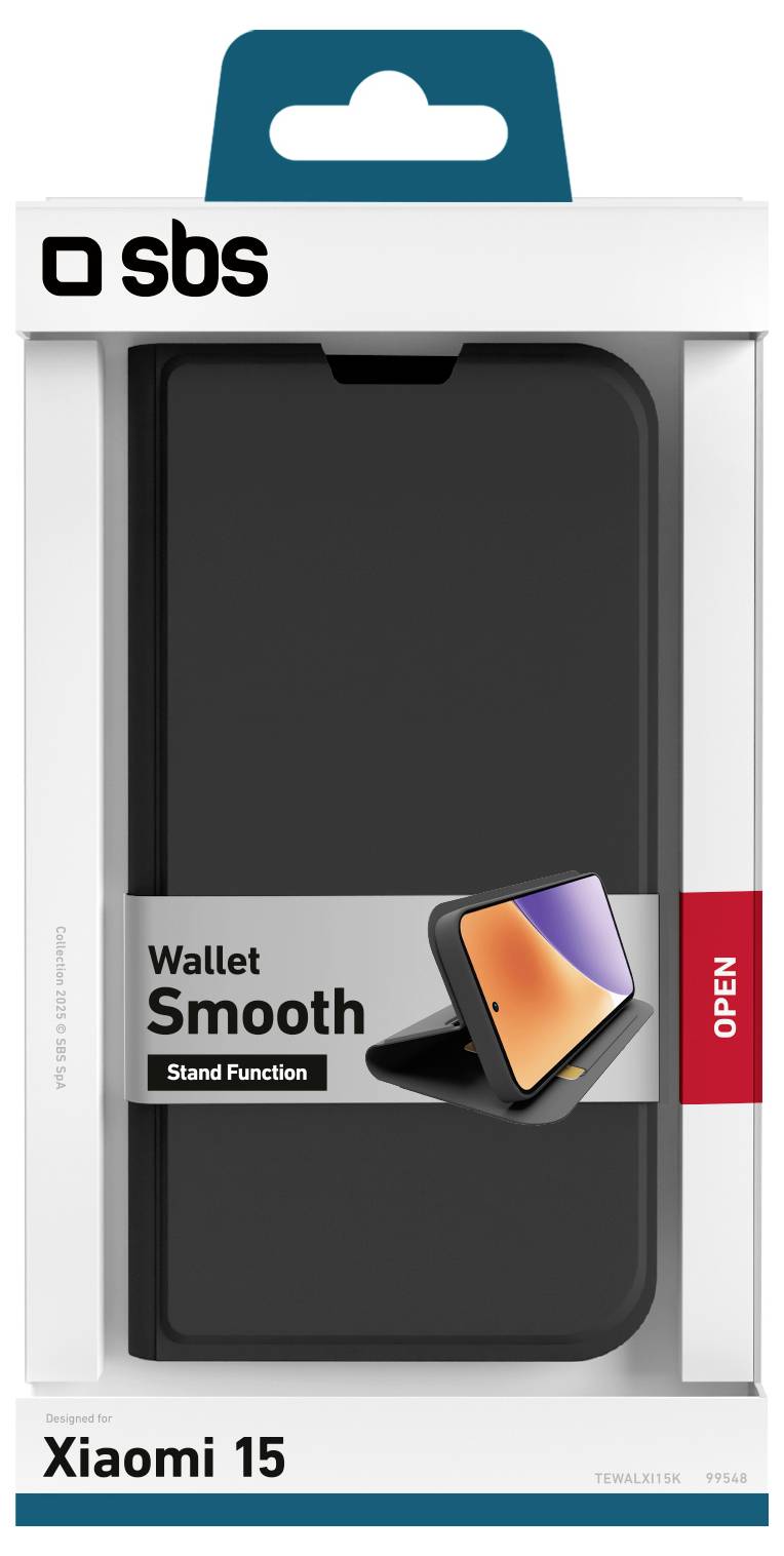 'Wallet Smooth' phone case packaging for Xiaomi 15, featuring a stand function with a black case visible through a transparent window.