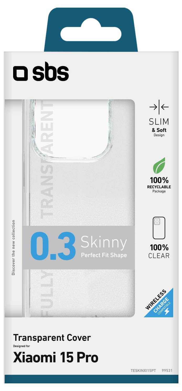 'Transparent cover for Xiaomi 15 Pro with slim fit. Made from 100% recyclable materials. Supports wireless charging. Brand: SBS.'