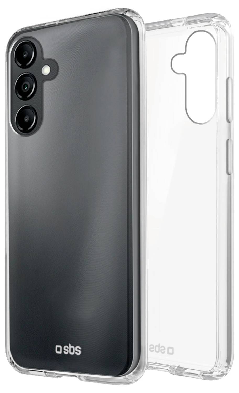 'Two transparent phone cases for different models, showing back and side views with black and white backgrounds, by SBS.'