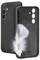 A black phone case with camera cutouts is displayed next to a white feather, suggesting lightweight protection.