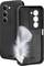 A black phone case with three lens cutouts is shown beside a similar case with a white feather on it, suggesting lightness.