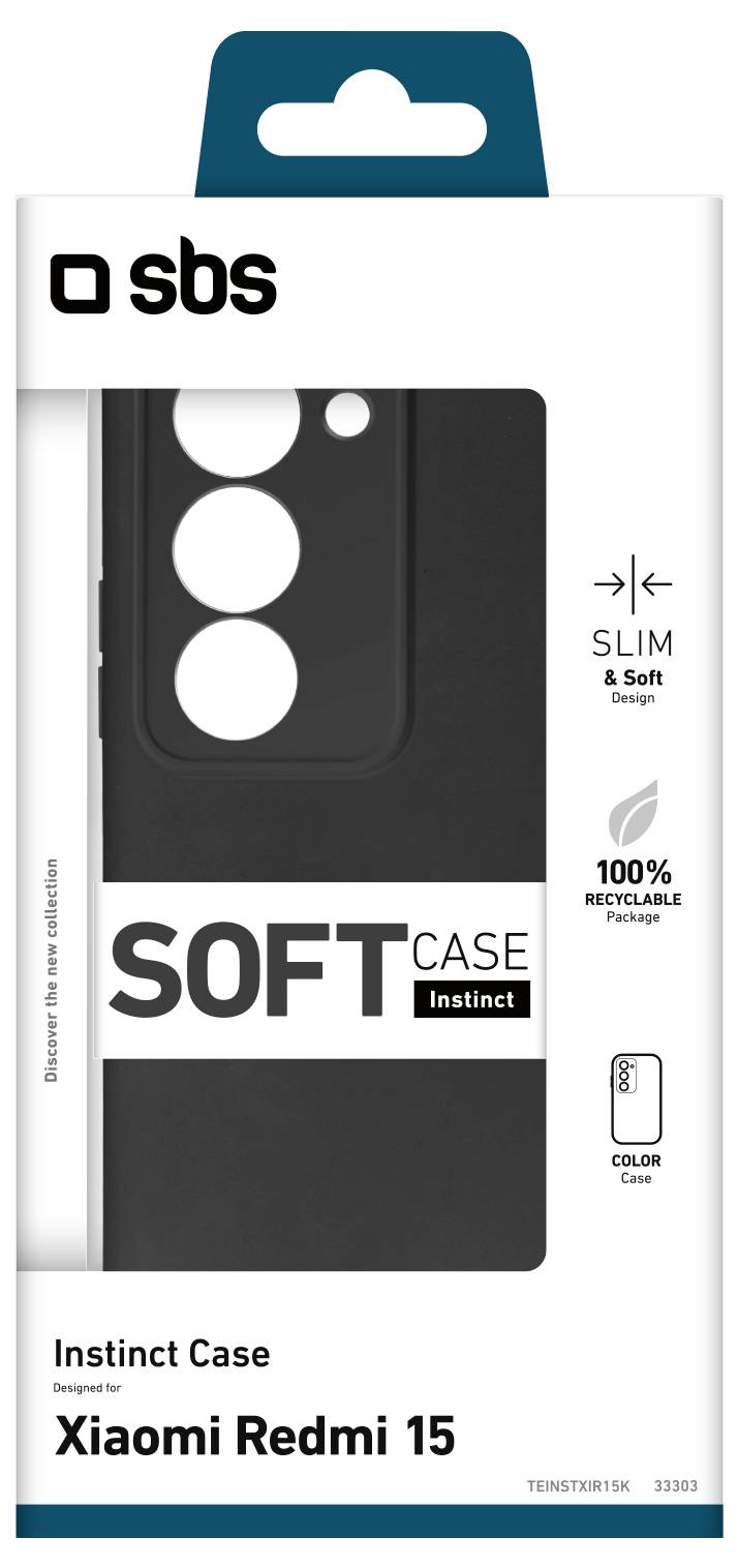 'Black phone case for Xiaomi Redmi 15 with camera cutouts. Packaging highlights slim, soft design, and 100% recyclable material.'