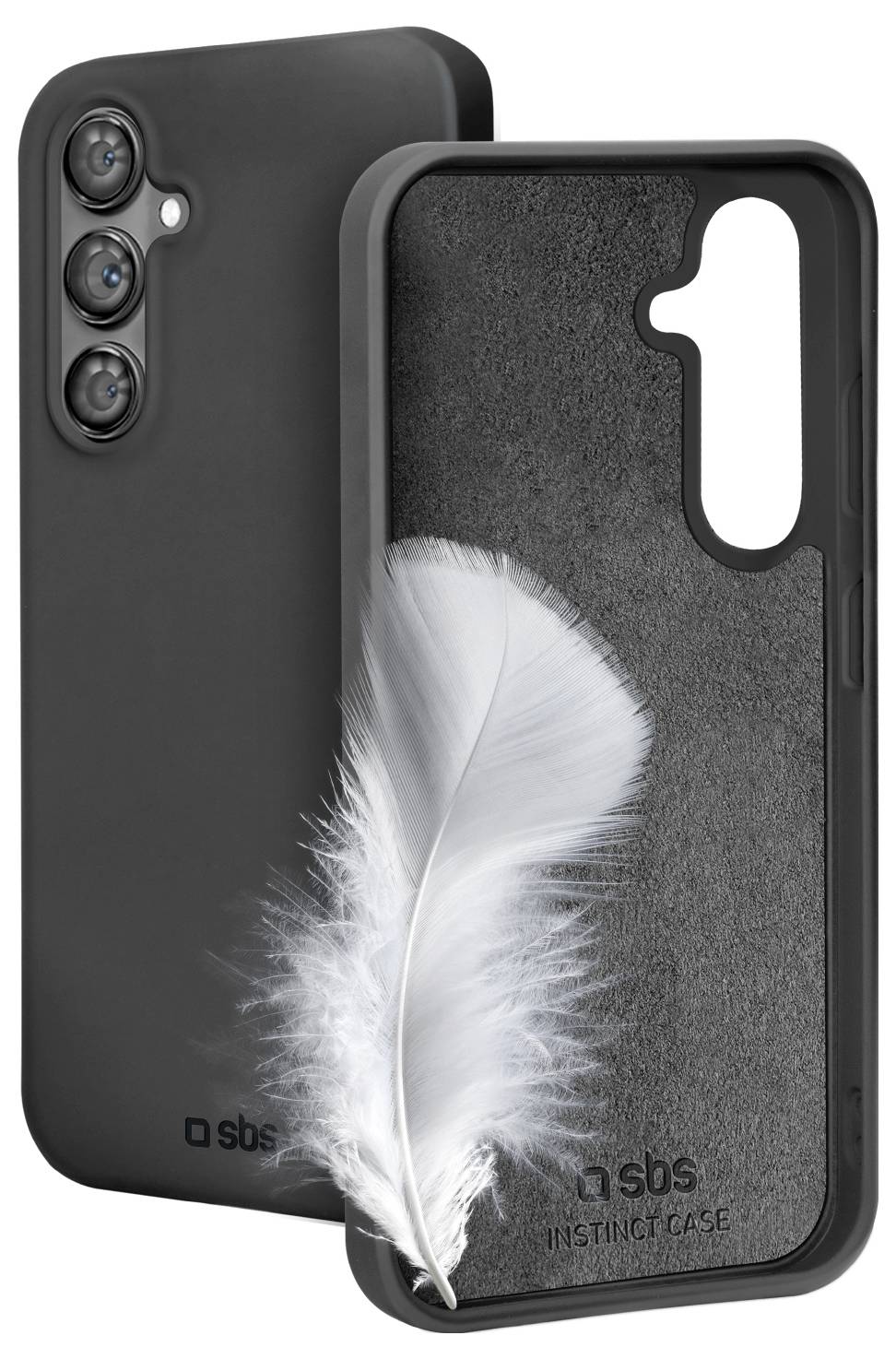 Two black phone cases with three camera cutouts on the rear. A white feather rests on one case, demonstrating softness and protection.
