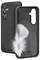 Two black phone cases with three camera cutouts on the rear. A white feather rests on one case, demonstrating softness and protection.