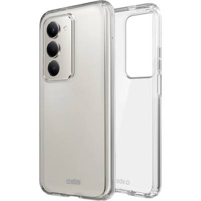 Clear phone cases display the backs of two smartphones; one gold, showing three cameras, and one blank.