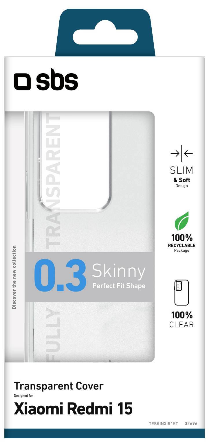 Packaging for a transparent phone cover designed for 'Xiaomi Redmi 15'. Features include slim fit, soft design, and recyclable materials.