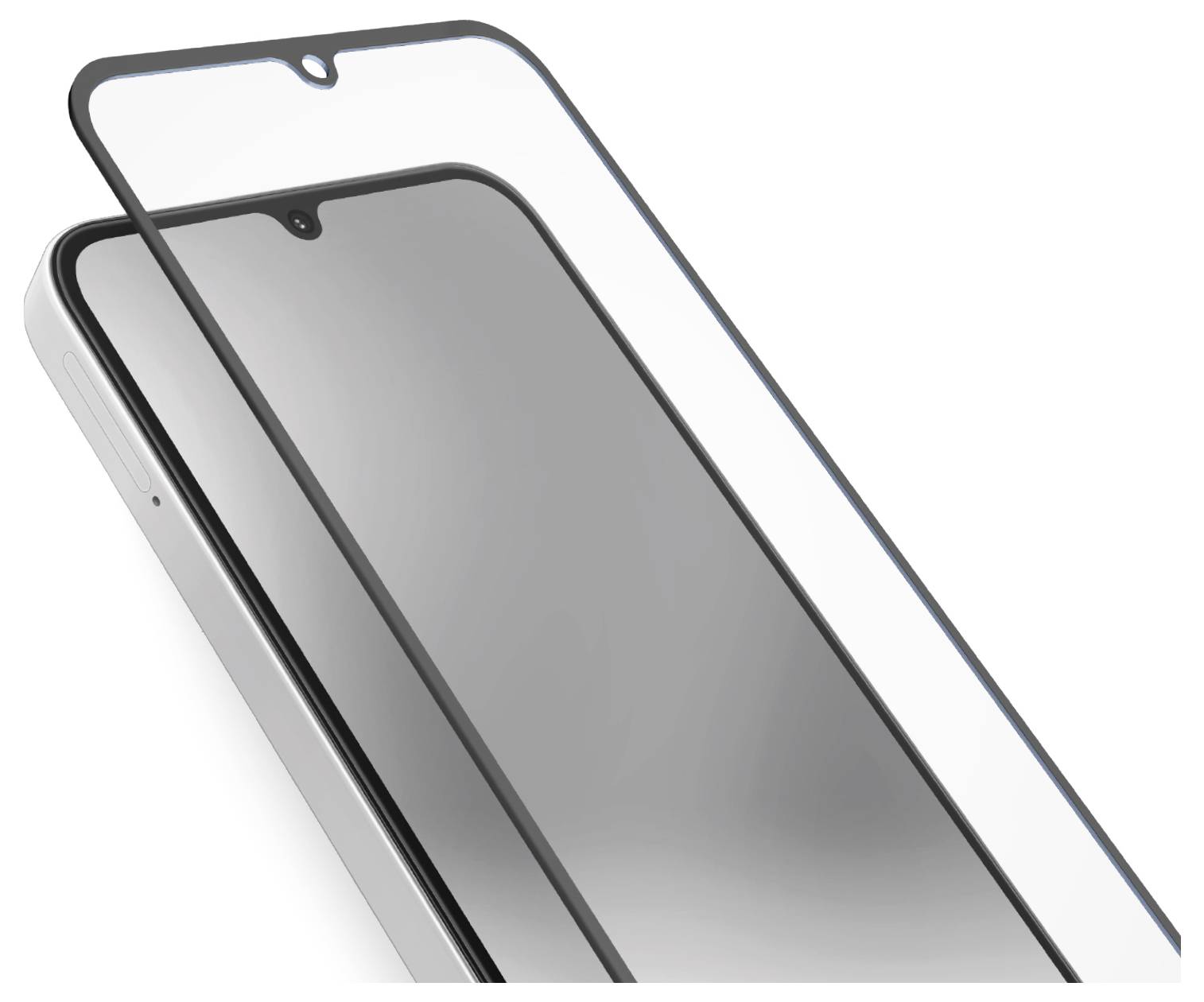 A smartphone with a transparent screen protector partially applied, showing a precise fit over the phone's display.