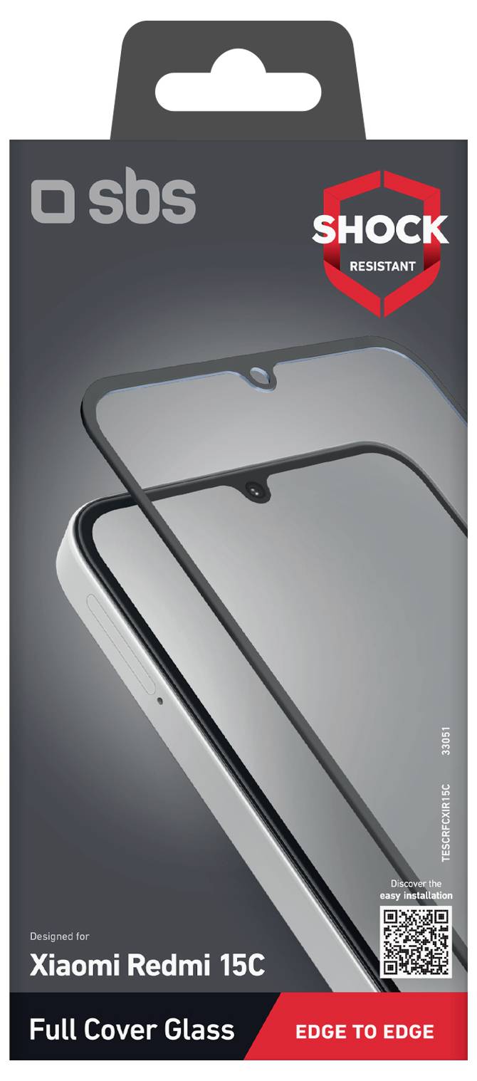 'Shock resistant full cover glass for Xiaomi Redmi 15C with edge-to-edge protection' displayed on product packaging.