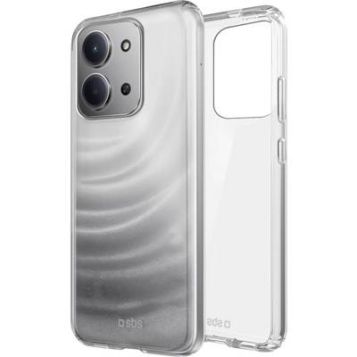 A clear phone case with dual camera cutouts featuring curved wave patterns on the back. The phone is shown from the front and back.