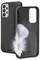 A black smartphone case with soft interior featuring a white feather, indicating a focus on gentle protection.