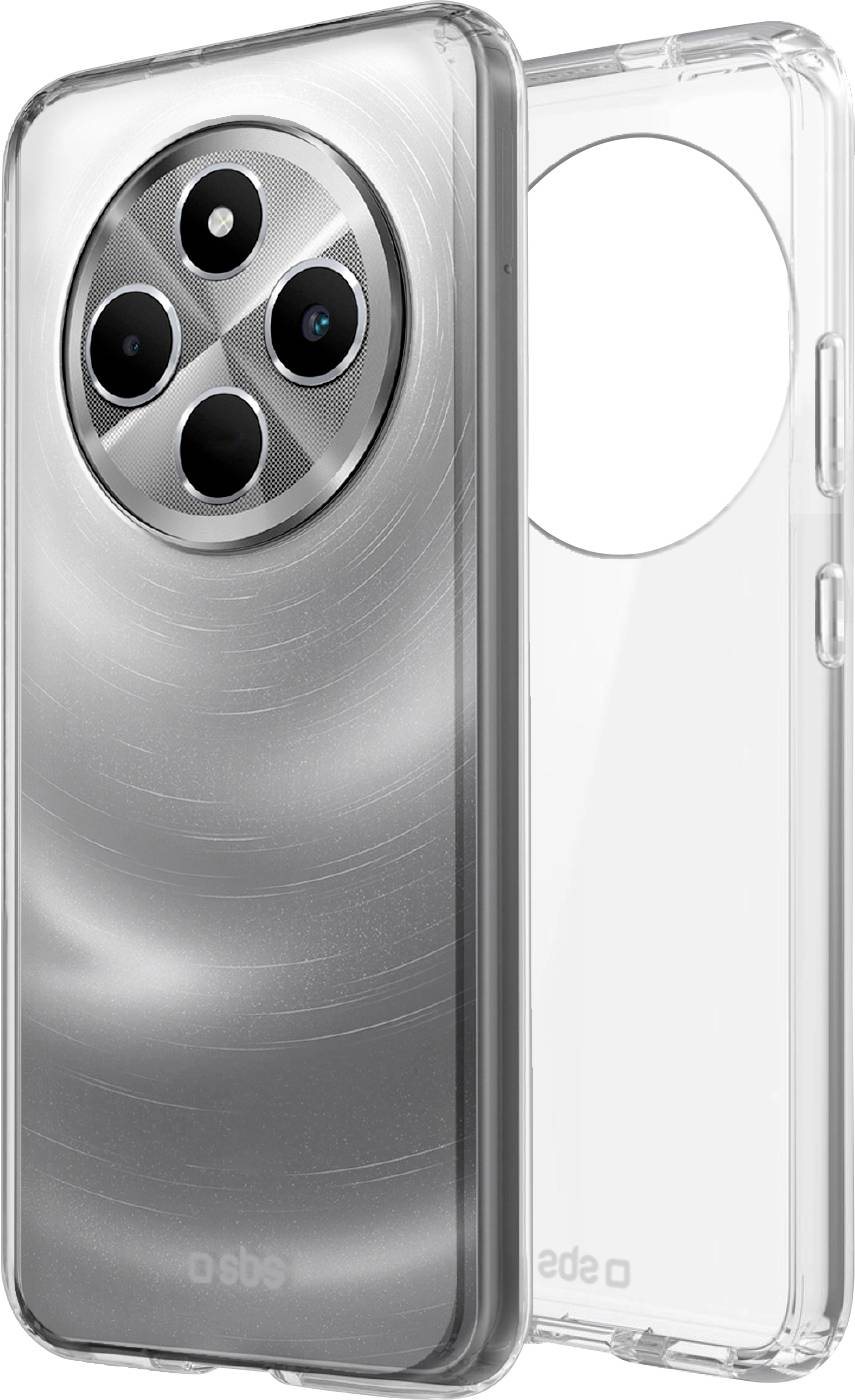 A metallic smartphone with a circular camera module is displayed with a clear protective case beside it, showing the back design.