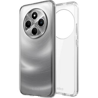 A metallic smartphone with a circular camera module is displayed with a clear protective case beside it, showing the back design.