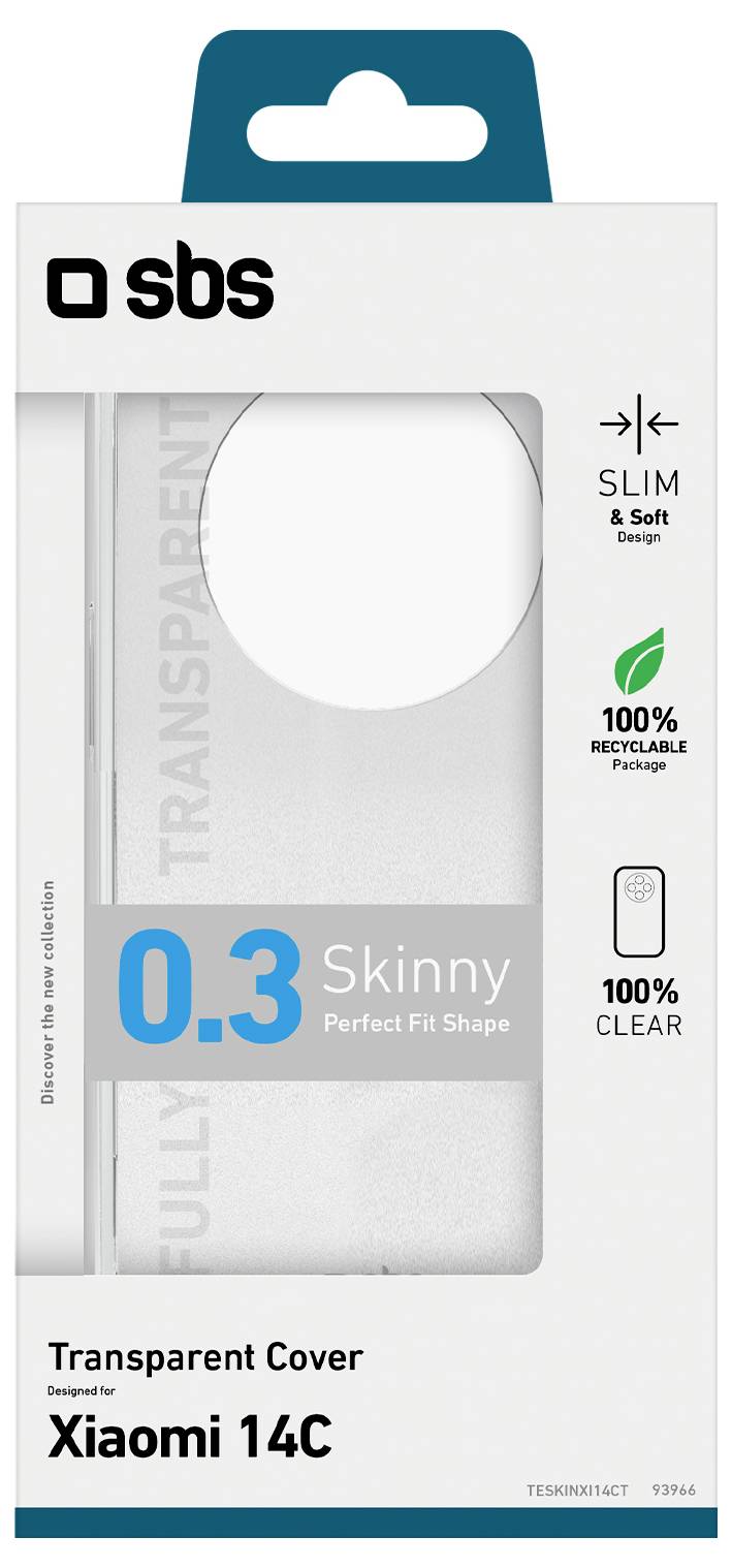 Transparent phone cover for Xiaomi 14C by SBS, featuring slim and soft design, 0.3 mm thickness, and 100% recyclable and clear material.
